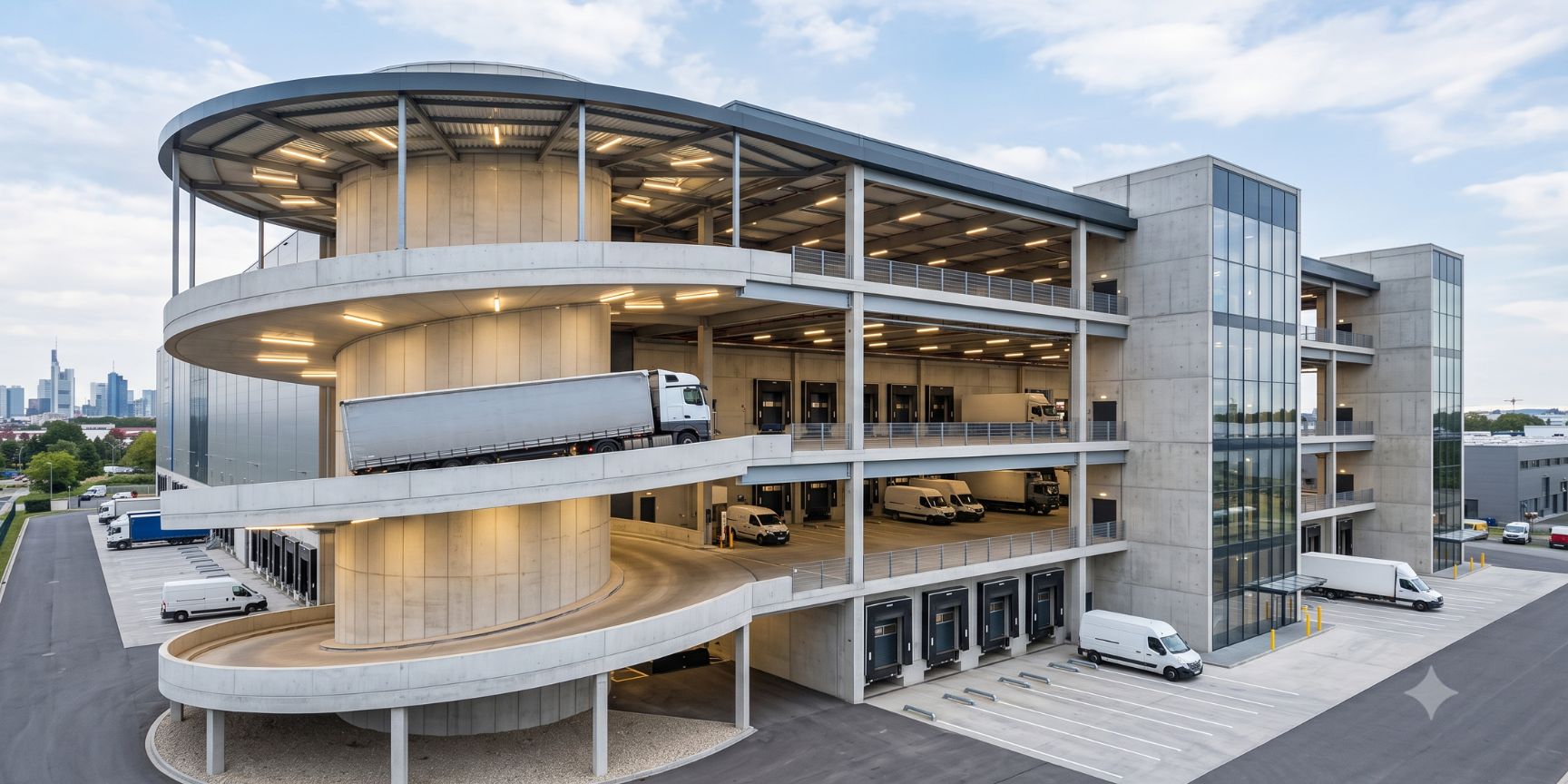 Modern multi-storey logistics hall with drive-in spiral ramp for trucks. Exterior view of the vertical property with delivery on several levels.